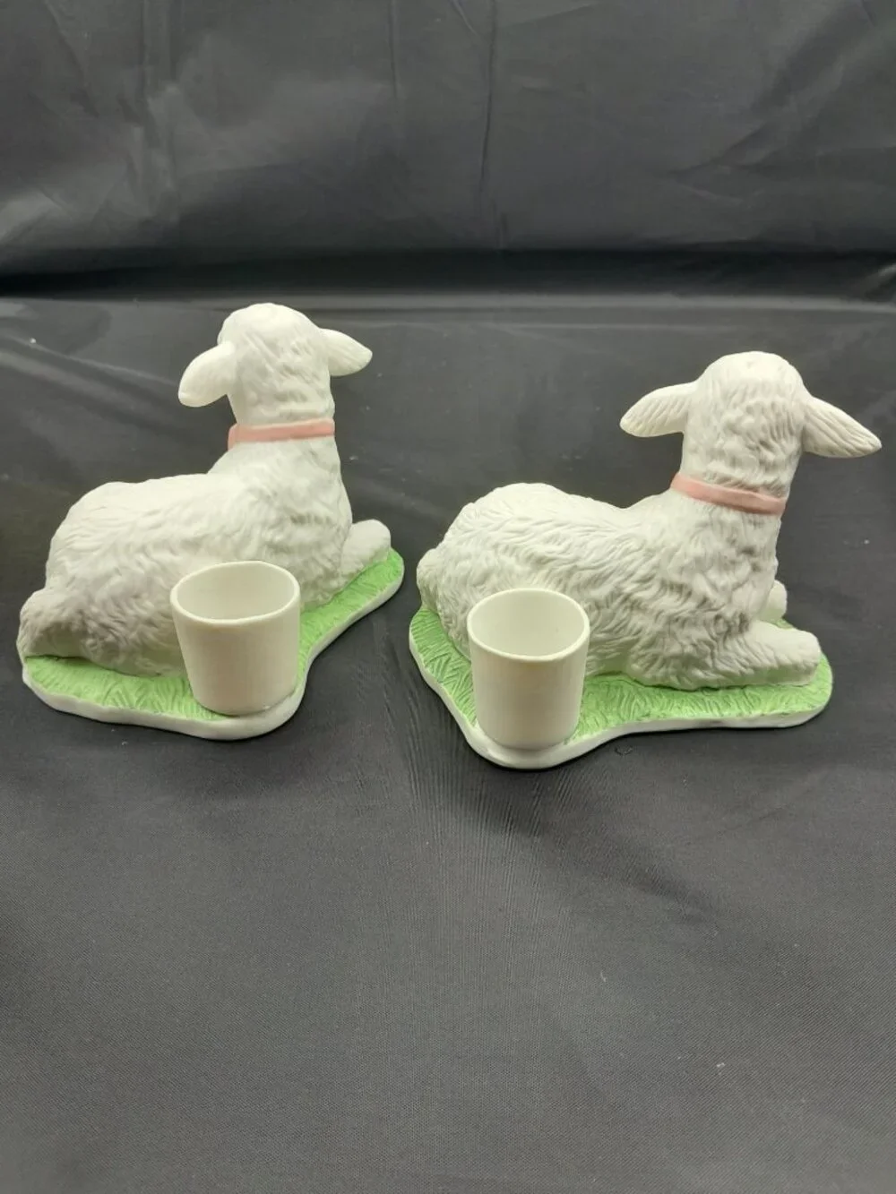 (2) WHITE LAMB PORCELAIN BISQUE TAPER CANDLE HOLDERS SPRING SUMMER EASTER VTG.